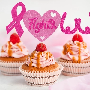 Pink glitter breast cancer awareness cupcake toppers with Hope and Fight ribbon designs