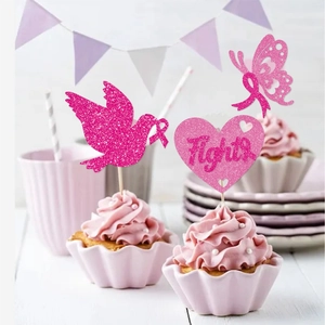 Glitter pink cupcake toppers with peace dove, butterfly and heart fight design for party decor