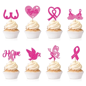 Glitter Pink Ribbon Cake Toppers Breast Cancer Awareness Cupcake Decorations Heart Hope Fight Design Party Supplies Women