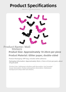 Detailed size specifications for glitter Halloween bat wall stickers in black and pink
