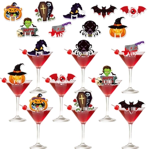 Halloween Party Wine Glass Paper Card Decorations Spider Pumpkin Bat Cup Rim Inserts Spooky Holiday Drink Accessories