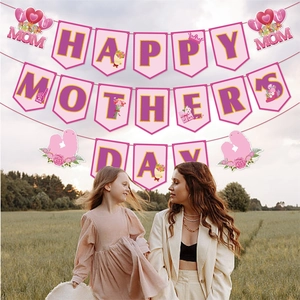 Pink Happy Mother's Day banner with heart floral decor displayed in a warm garden setting