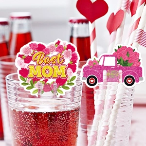 Mother's Day wine glass rim card decorations with Best Mom gold glitter and rose designs
