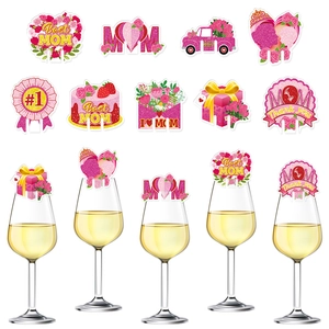 Wine Glass Decorative Cards Mother's Day Glitter Paper Heart Flower Party Drink Decoration Best Mom Floral Tags