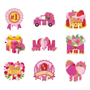 9-piece set of pink Mother's Day party wine glass cards and floral cake decorations