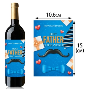 Happy Father's Day wine bottle stickers featuring blue bow tie and mustache designs