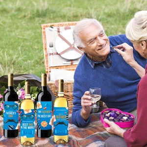 Father's Day wine bottle labels with blue designs for festive party beverage decorations