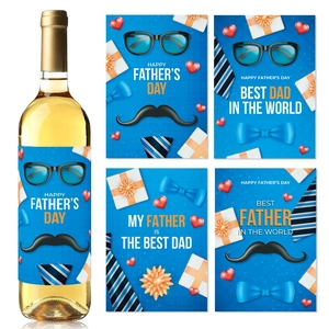 Wine Stickers Happy Father's Day Adhesive Paper Decorations Party Table Decor Blue Moustache Tie Theme
