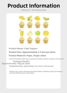 Detail showing 8 lemon themed cake topper designs with size specs and paper material