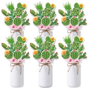 Set of 6 cactus floral party decorations in white striped vases for summer party decor