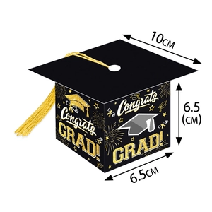 Graduation cap gift box with gold tassel and Congrats Grad text for party candies