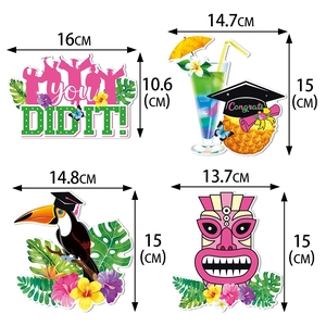 4-piece tropical graduation vase toppers with Tiki mask, Toucan and You Did It signs