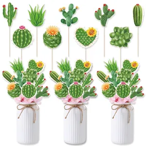 Cactus Succulent Flower Vase Inserts Cake Toppers Hawaiian Summer Party Decorations Tropical Plant Paper Decor Props