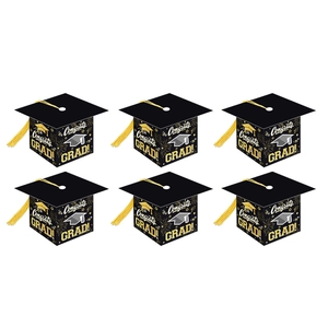 Set of 6 Graduation Mortarboard Candy Boxes with Yellow Tassels and Gold Foil Congrats Text