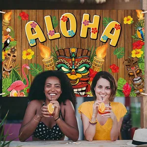 Toile de fond de fête tropicale Luau avec texte Aloha, hibiscus et masques Tiki
