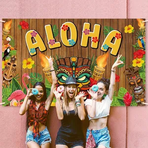 Toile de fond Luau tropicale avec texte Aloha, masques Tiki et flamants pour fête de plage