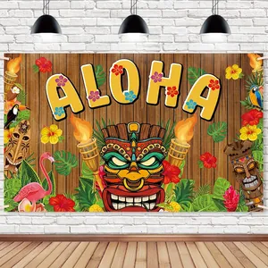 Bannière De Fond De Fête Hawaïenne Aloha Tropicale Tiki Luau Flamant Rose Grain De Bois Polyester Décoration Murale