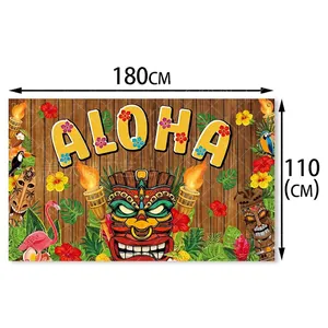 Fond de fête hawaïenne Aloha avec statue Tiki et flamants roses pour cabine photo plage