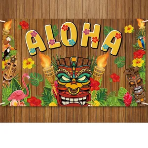 Toile de fond de fête Luau tropicale avec masque Tiki et texte Aloha sur bois brun