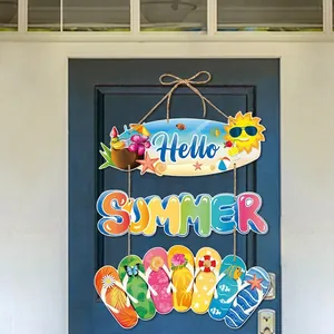 Tropical Hawaii Hello Summer door hanging sign with colorful flip-flops on blue door