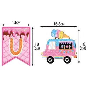 Glittery ice cream summer party banner with pink U-letter and ice cream truck card