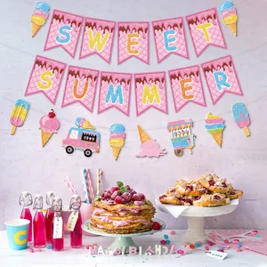 Sweet Summer ice cream themed banner and colorful garlands for beach party decorations