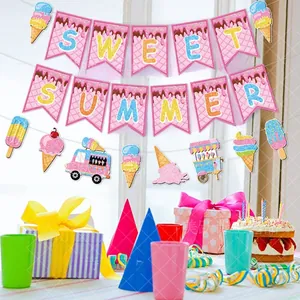 Detail of Sweet Summer ice cream party banner with pink glitter letters and cartoon motifs