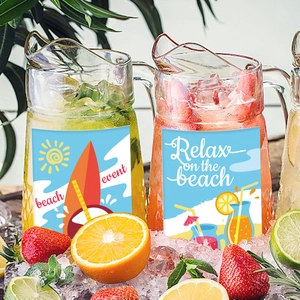 Summer glass water jug set with Hawaii beach stickers and cool refreshing ice backgrounds