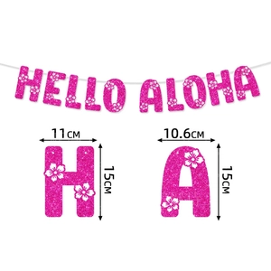 Detail view of pink glitter HELLO ALOHA party banner letters with dimension markings