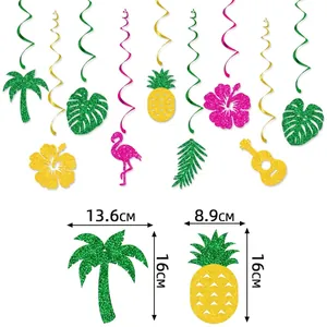 Hawaiian tropical party hanging decorations kit with pineapple and flamingo spiral banners
