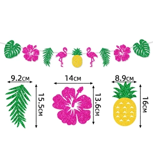 Detailed size specifications for tropical glitter flamingo and pineapple party banners
