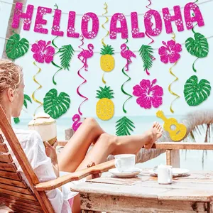 Hawaii Hello Aloha banner and tropical pineapple flamingo spiral hanging party decorations