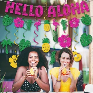 Hawaii Hello Aloha party banner with glitter flamingos and pineapples for summer decorations