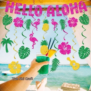 Pink glitter Hello Aloha banner with tropical flamingo and pineapple hanging decorations