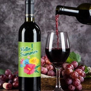 Hawaii party wine bottle label with Hello Summer text and floral designs for summer decor