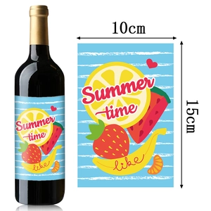 Hawaiian party bottle stickers with colorful fruit patterns and size measurements