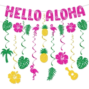 Hawaiian Decoration Hello Aloha Banner Tropical Swirls Glitter Cardstock Flamingo Pineapple Luau Summer Beach Birthday Hanging Decor