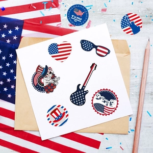4th of July sticker set with patriotic heart and flag patterns on white card