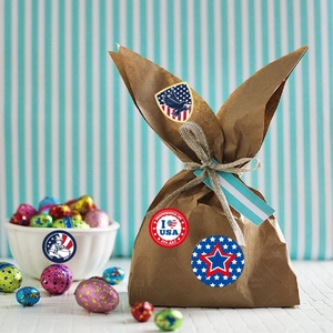 4th of July Independence Day stickers on gift bags with American flag patriotic patterns