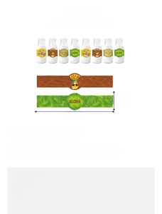 Size guide for Hawaii party bottle labels showing 28.7x6.3cm dimensions and floral designs