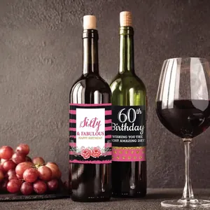 60th Birthday wine bottle labels with floral and glitter designs for party decor