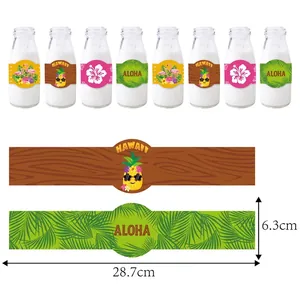 Hawaiian party drink bottle labels with flamingo and pineapple tropical summer patterns