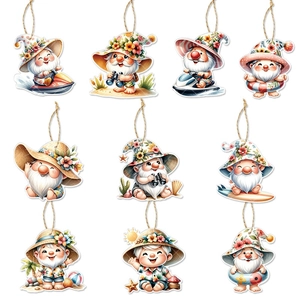 Set of 10 summer beach gnome wooden hanging ornaments for tropical party decorations