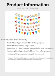 Detail specifications of Hawaiian party banner featuring beach patterns and DIY assembly details
