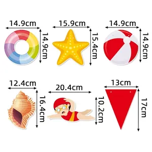 Cartoon style summer party banners featuring lifebuoys, starfish, beach balls and seashells