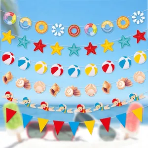 Colorful Hawaiian summer beach party banner set with starfish and seashell paper decorations