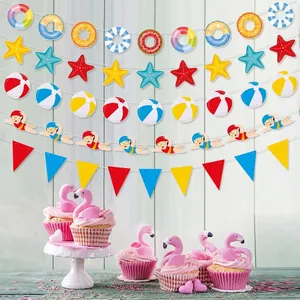 Hawaiian beach party decoration kit with colorful lifebuoy, starfish and flamingo banners