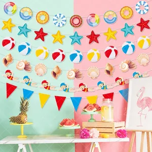 Detailed summer party banner set featuring lifebuoy, starfish, and colorful beach pendants