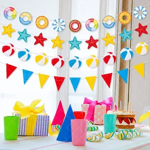 Detail of colorful summer beach banner with swim rings and starfish party decorations