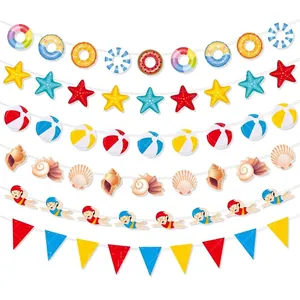 Summer Beach Pool Party Banners Paper Hawaiian Theme Garlands Starfish Lifebuoy Swimming Elements Decoration Accessories